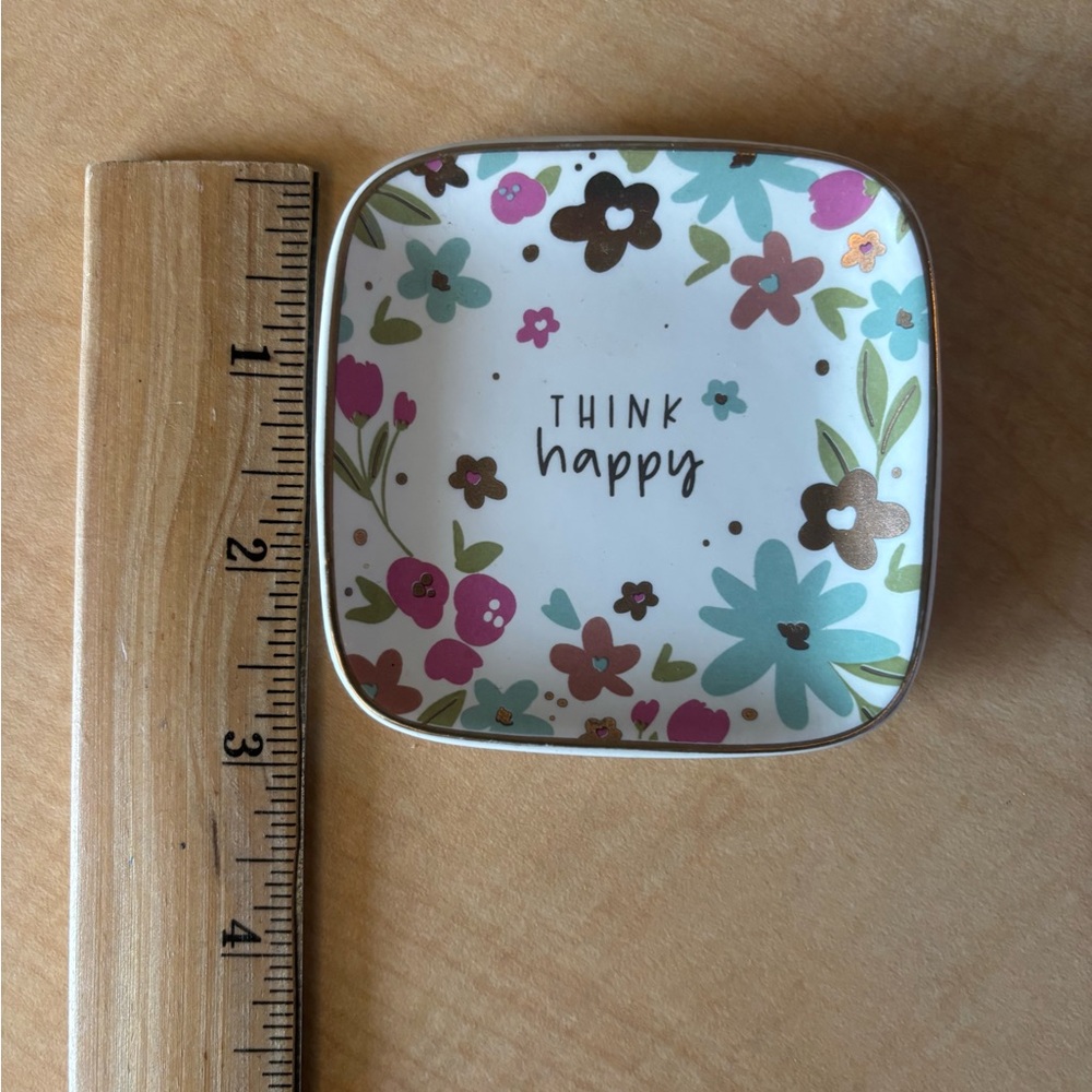 Floral “Think Happy” Ring Holder Trinket Dish | Jewelry Catchall 3 in x 3 in